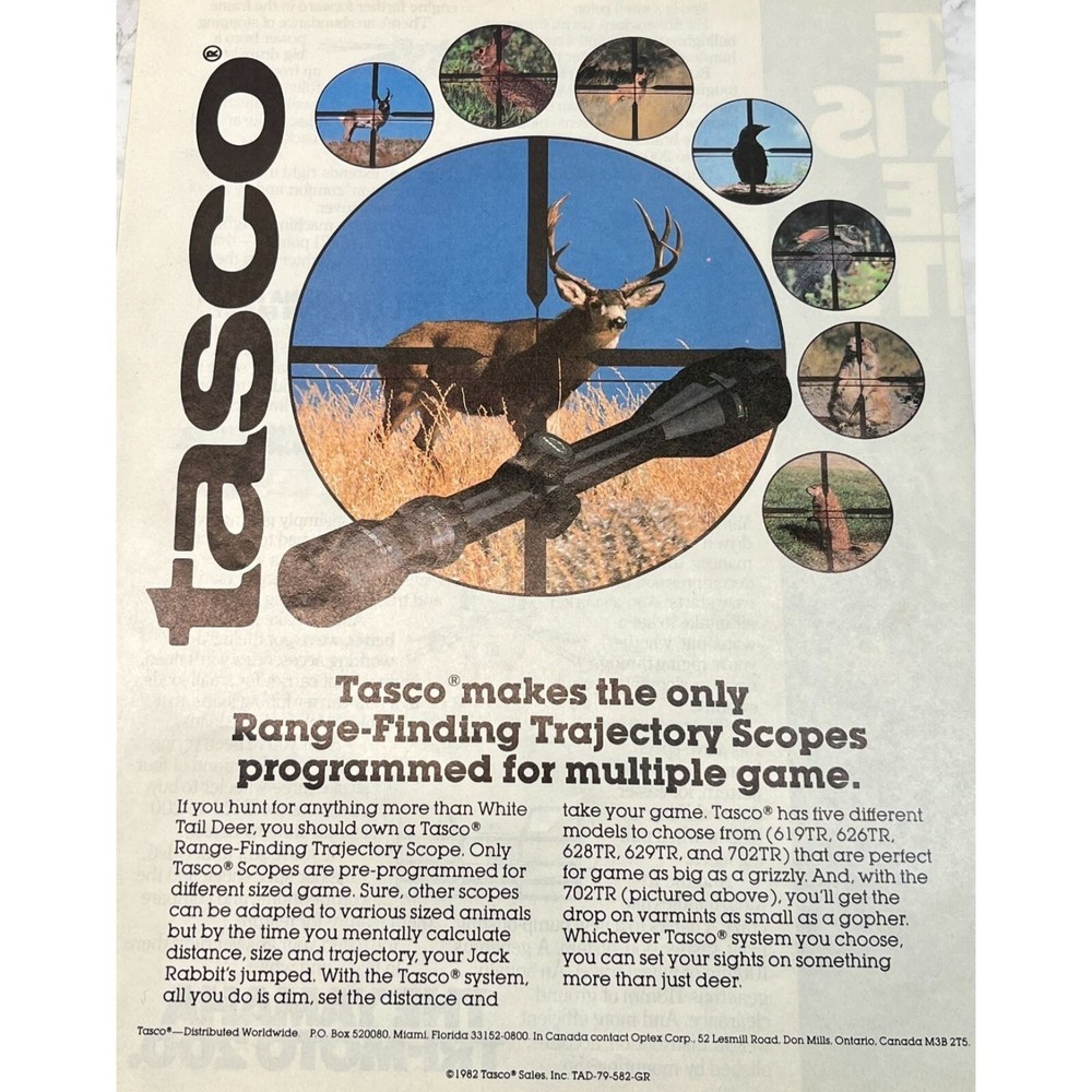 Tasco Trajectory Scopes Vintage Print Ad 80s Range Finding Hunting