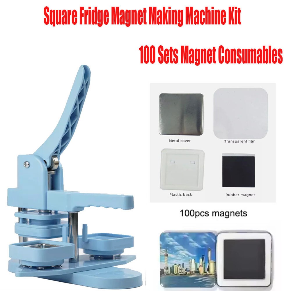 Square Fridge Magnet Making Machine Kit+100pcs Magnet Consumables blue