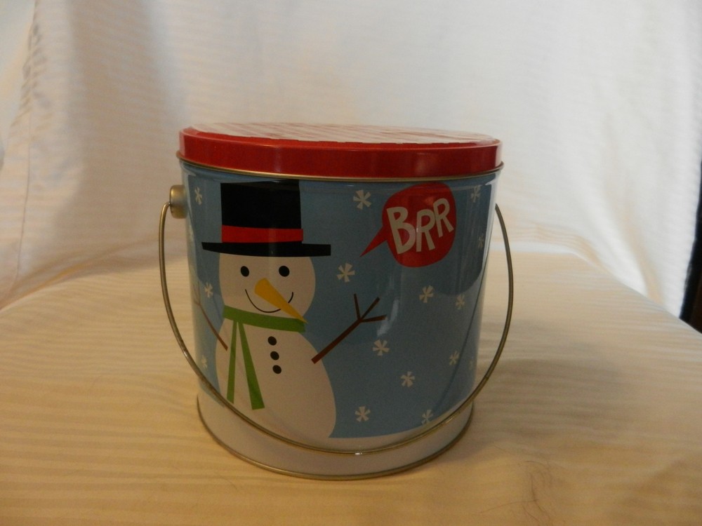 Decorative Round Metal Tin Multi-colored Snowman BRR With Handle