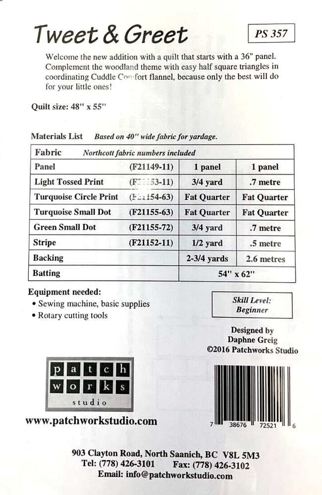 PATCH WORKS STUDIO #PS357 - TWEET & GREET QUILT PATTERN