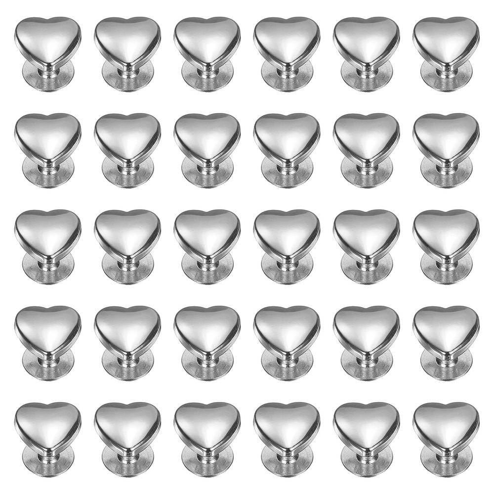 30 Pcs Metal Stud Rivets 10mm Heart Shape Decoration Screw Back Studs, Silver
