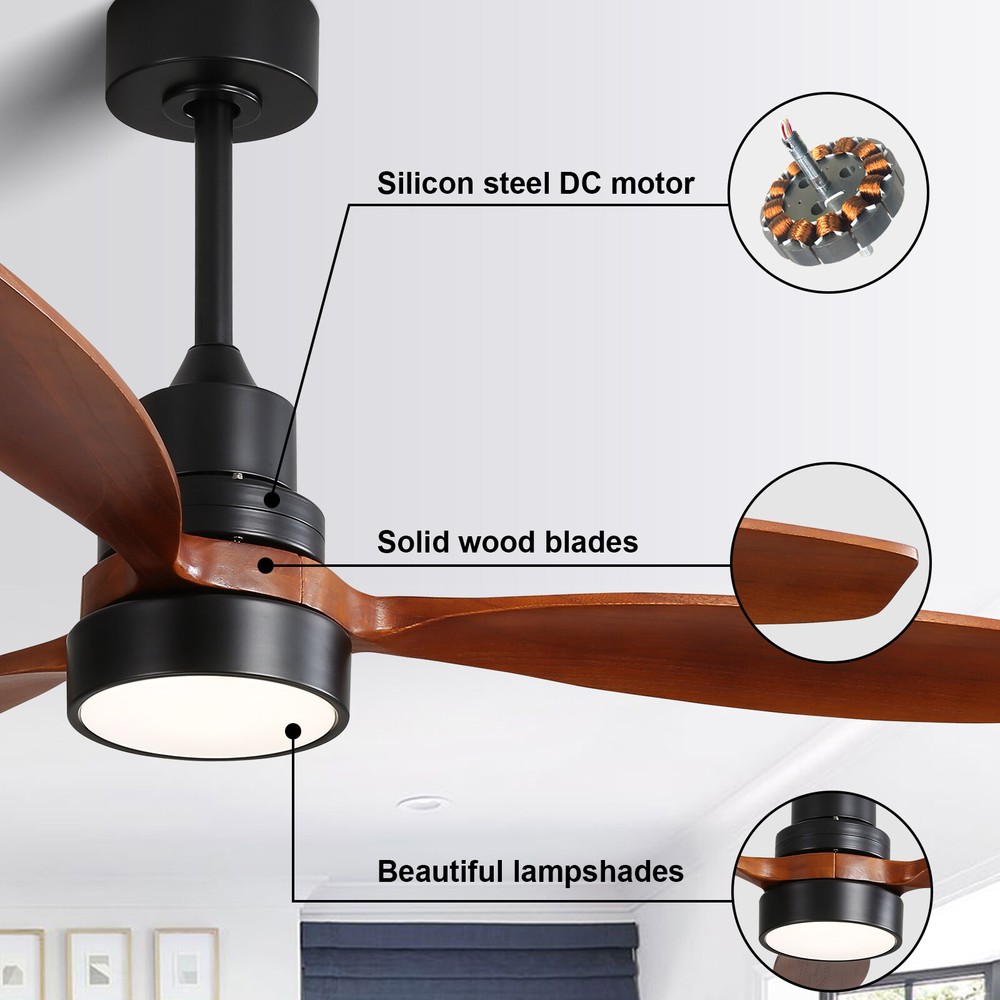 52in Modern Ceiling Fan with Intergrated LED Light and 3 Solid Wood Blades Quiet
