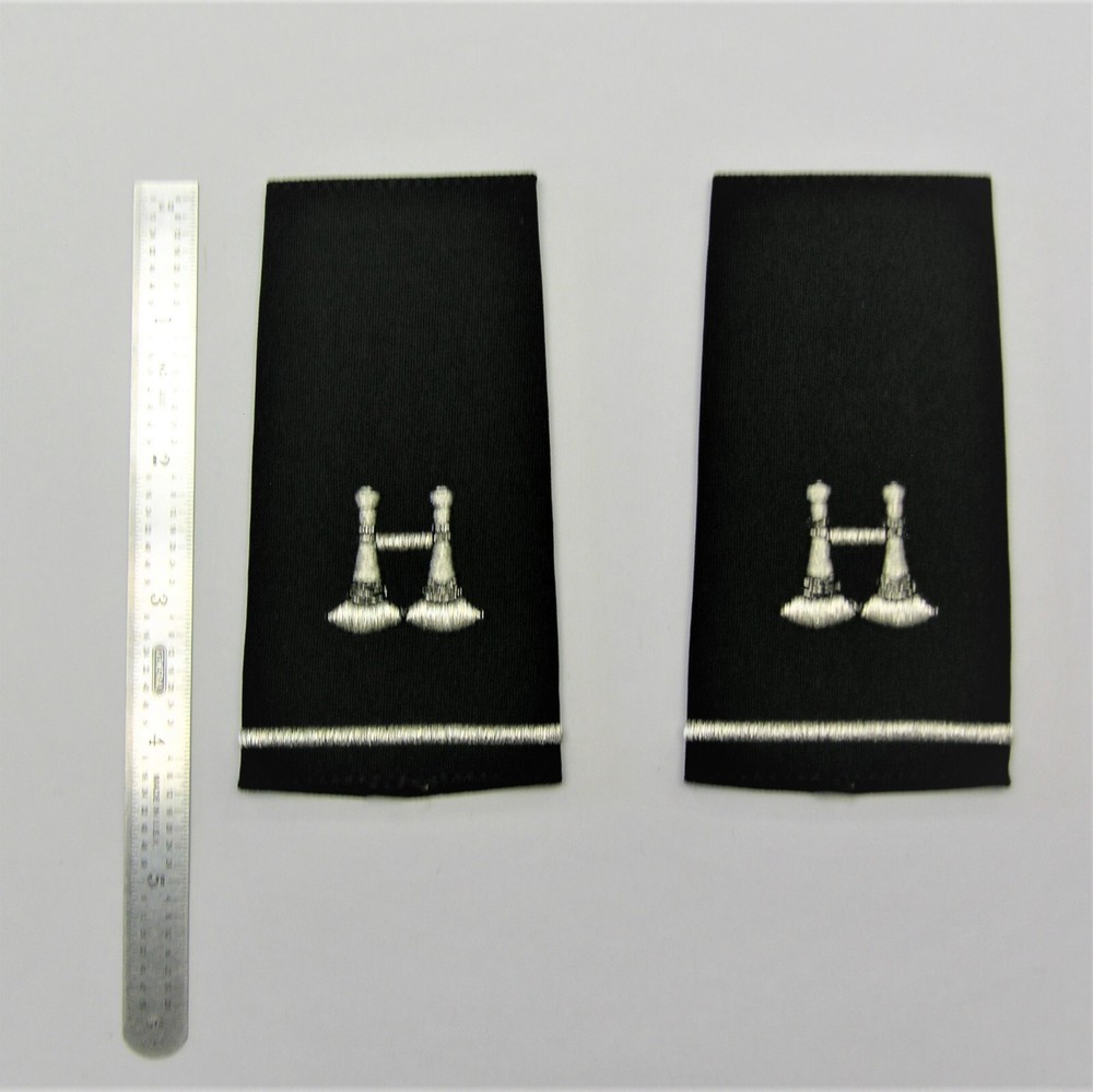 Fire Dept. Epaulettes, 2 Parallel Bugle - Silver Embroidery On Blue - 1 Stripe