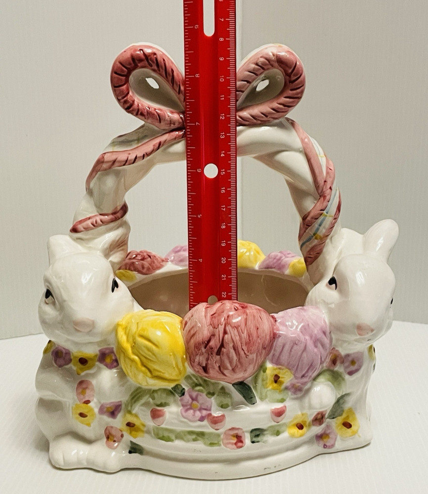 Ceramic Easter Egg Basket with Bow Handle Spring Bouquet and 2 Bunnies/Rabbits.