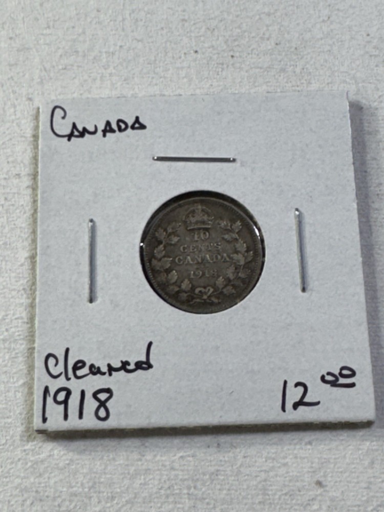 1918 Canada 10 Cents Silver Coin Cleaned