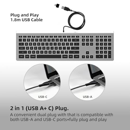 USB Wired Keyboard with White Backlight, Keyboard for Mac Silver Grey