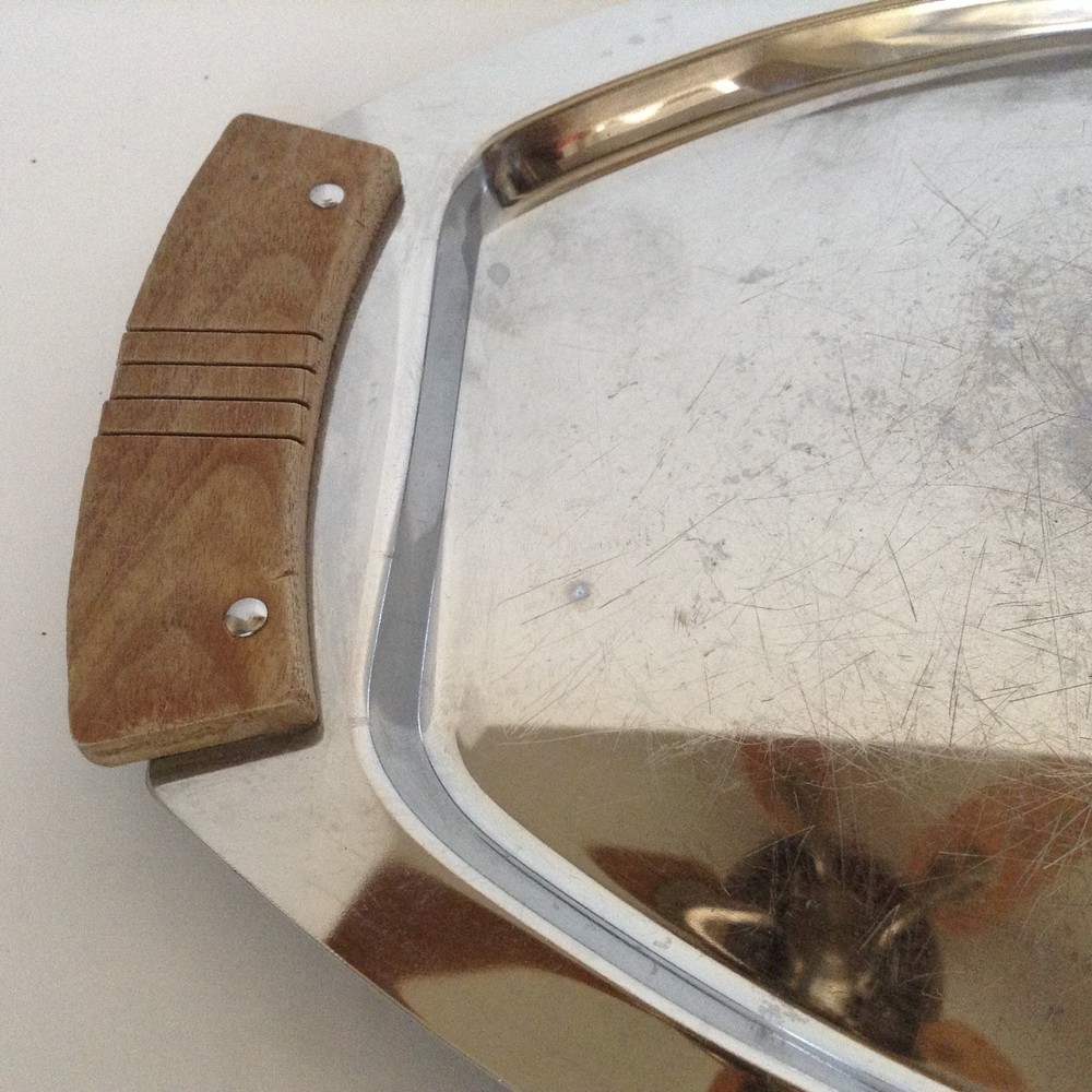 VTG MCM Stainless Kormax Tray w/Teak Handle MId Century Modern Oval Rectangular