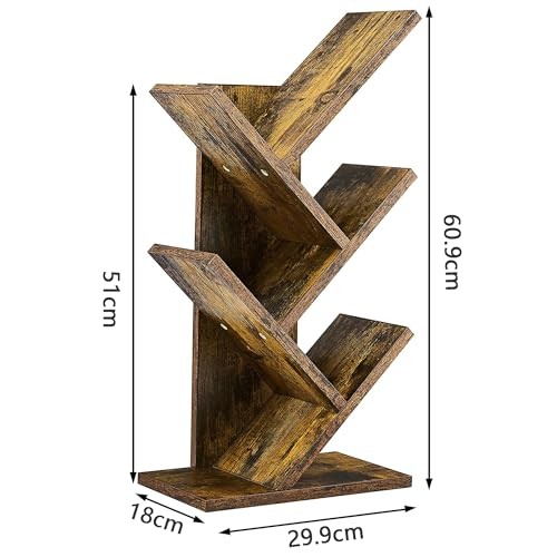 Tree Bookshelf, 4 Shelf Bookcase, Modern Book Storage, 4 Tier Rustic Brown