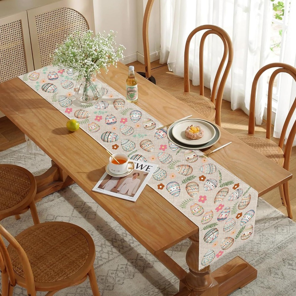 Easter Eggs Table Runner 13x72 Inch Easter Happy Easter Egg Leaves Seasonal H...