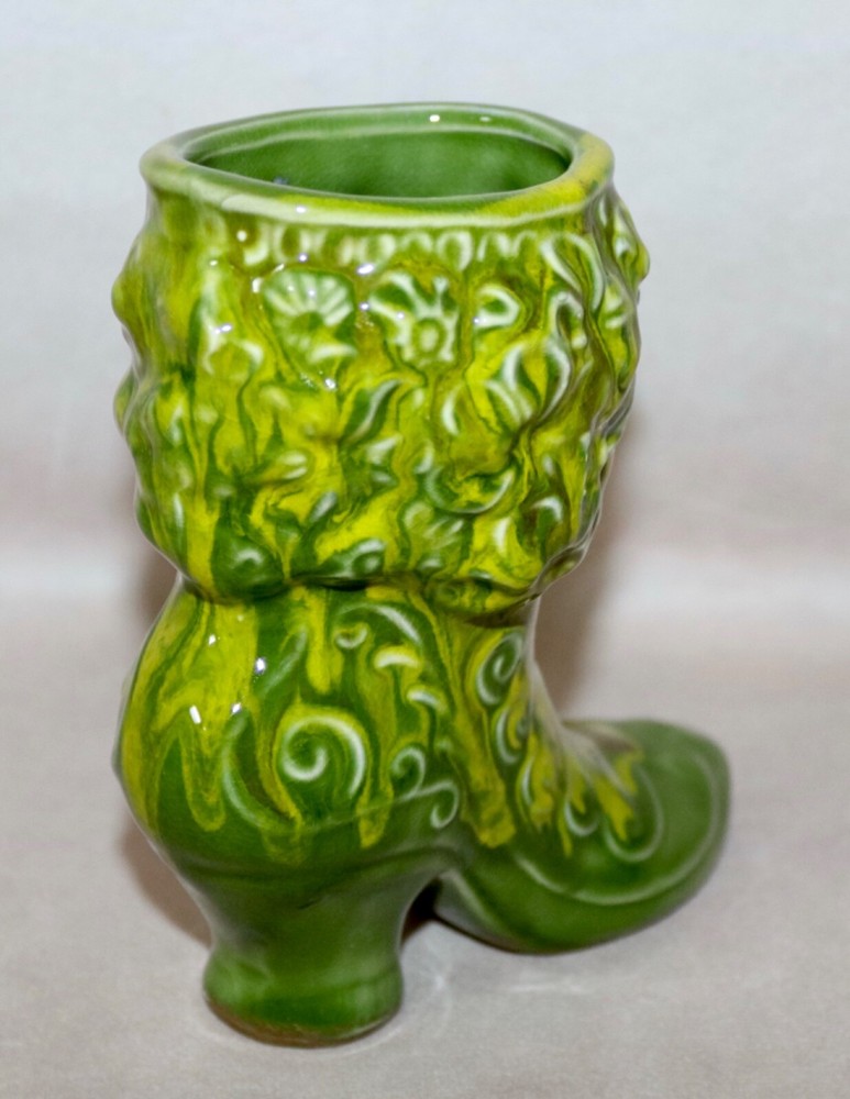 Green & Yellow Glazed Victorian Boot 5.5” Ceramic Planter ~ Vase