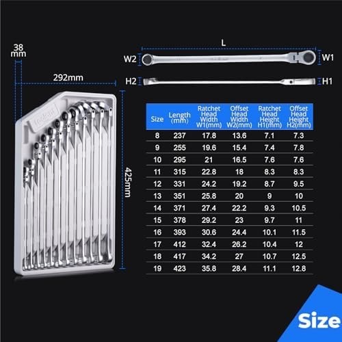 12PCS Extra Long Ratcheting Wrench Set, Gift for Men, Flex Head & Fixed Offset H