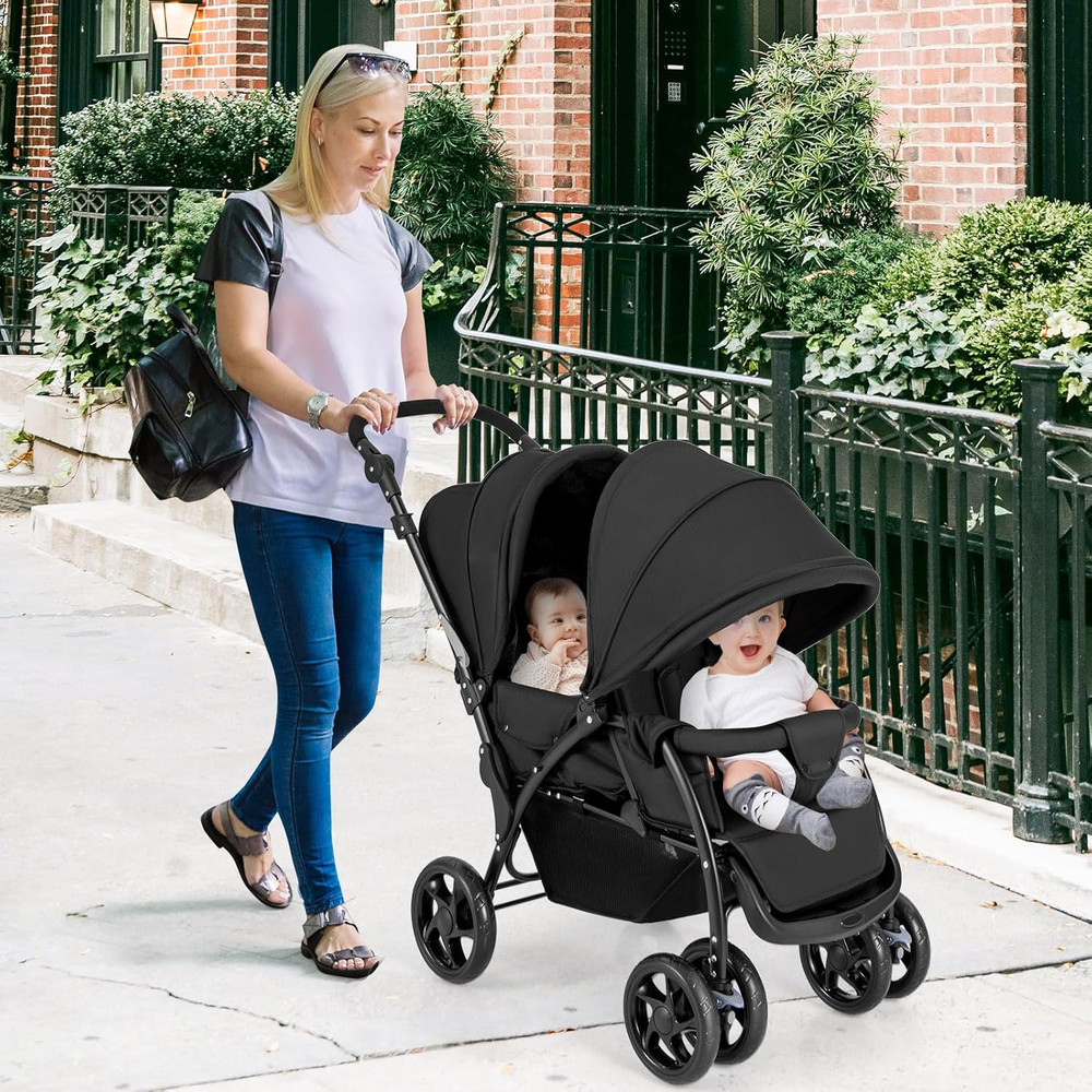 Compact Foldable Twin Stroller with Canopy & Safety Features - Black