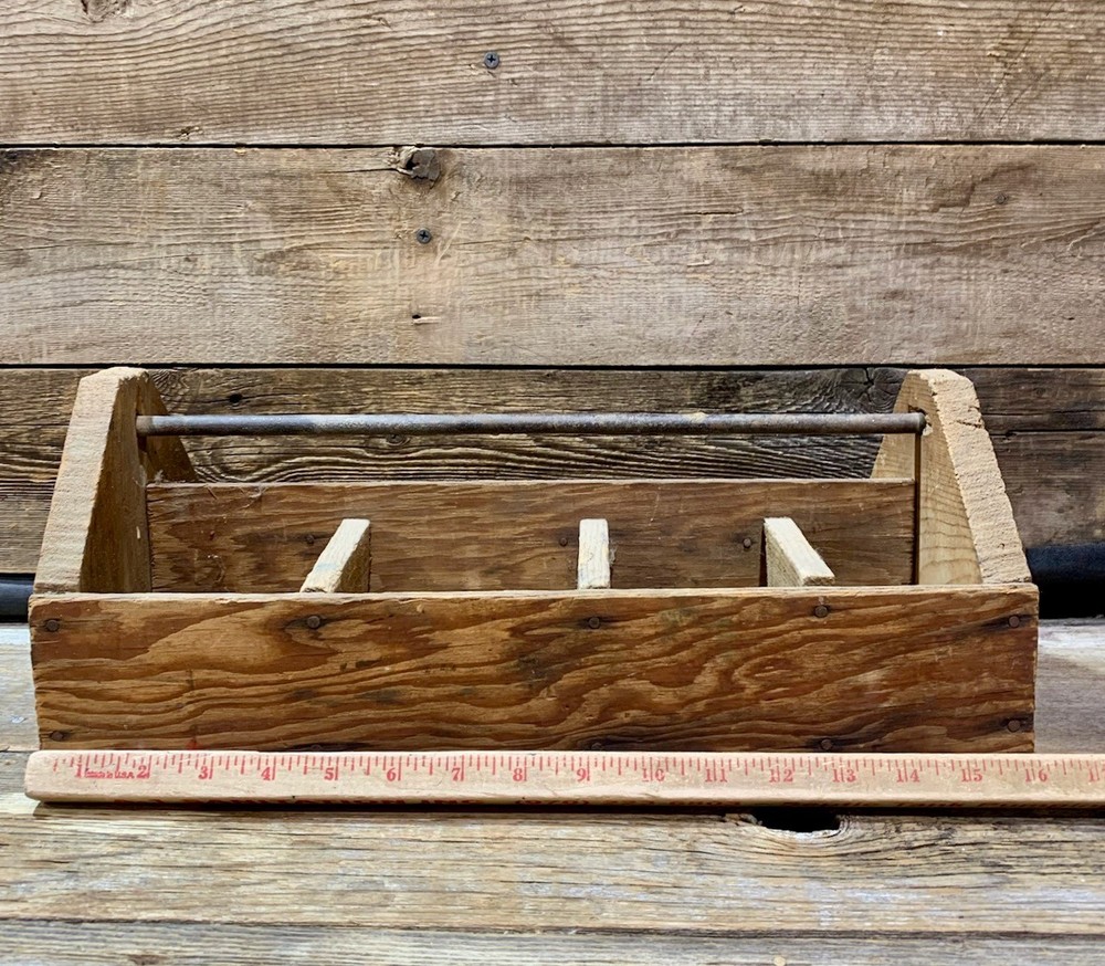 Rustic Wood Tool Caddy, Carpenters Box with Handle, 16" x 8"