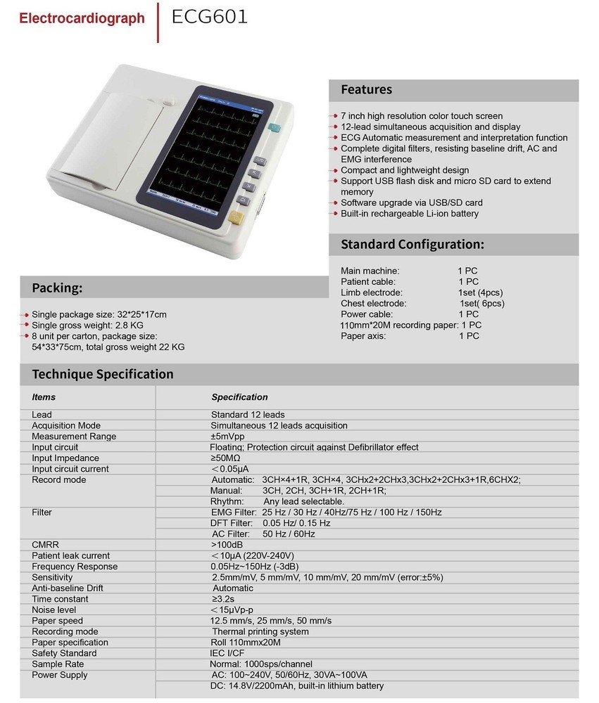 6 Channel 12-Lead ECG Machine 7 Inch Touch Screen with PC Software