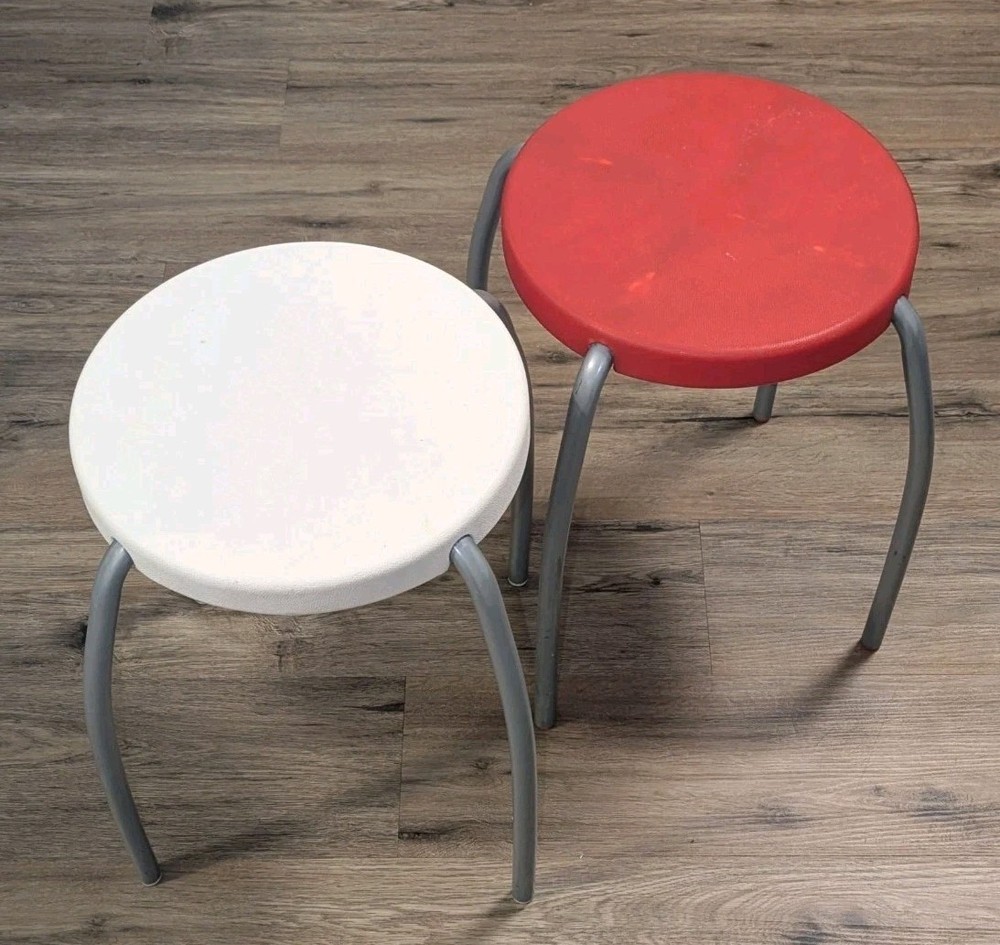 Vintage Pair Ikea Plastic Stools Forby Retro Red / White Stackable Chairs 18557
