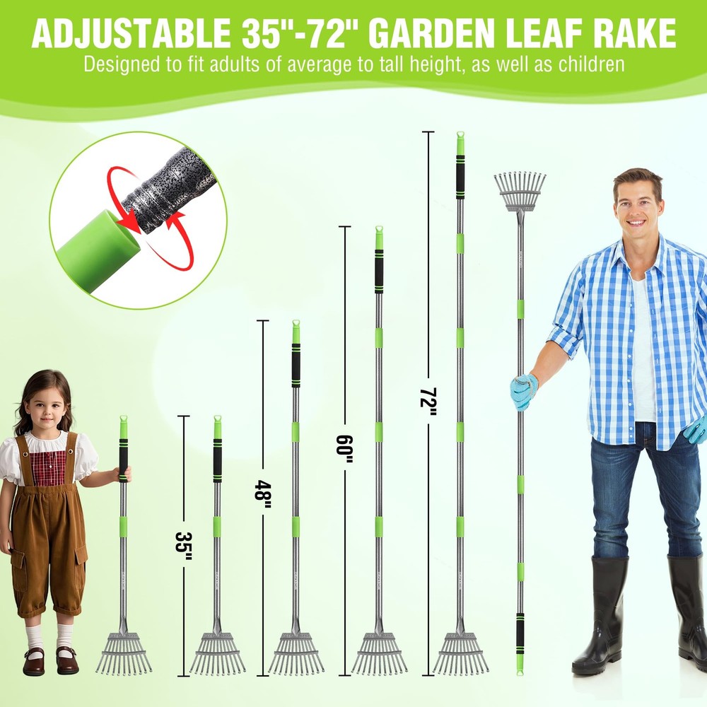 Small Rake for Leaves 72” Adjustable Handle 11 Steel Tines
