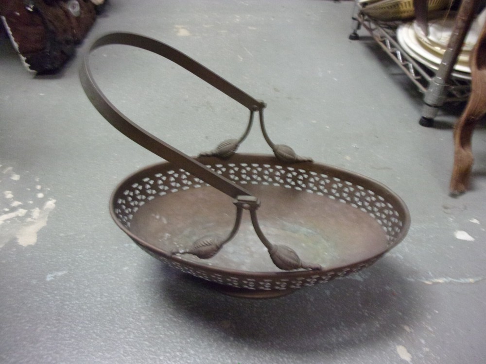 Rare Hand Hammered Copper Bronze open work handled basket