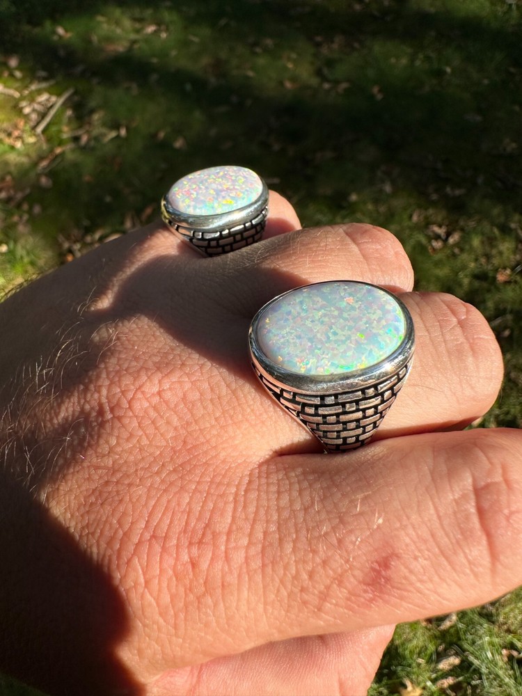 Real 925 Sterling Silver Lab Created White Fire Opal Gem Stone Ring Large Mens