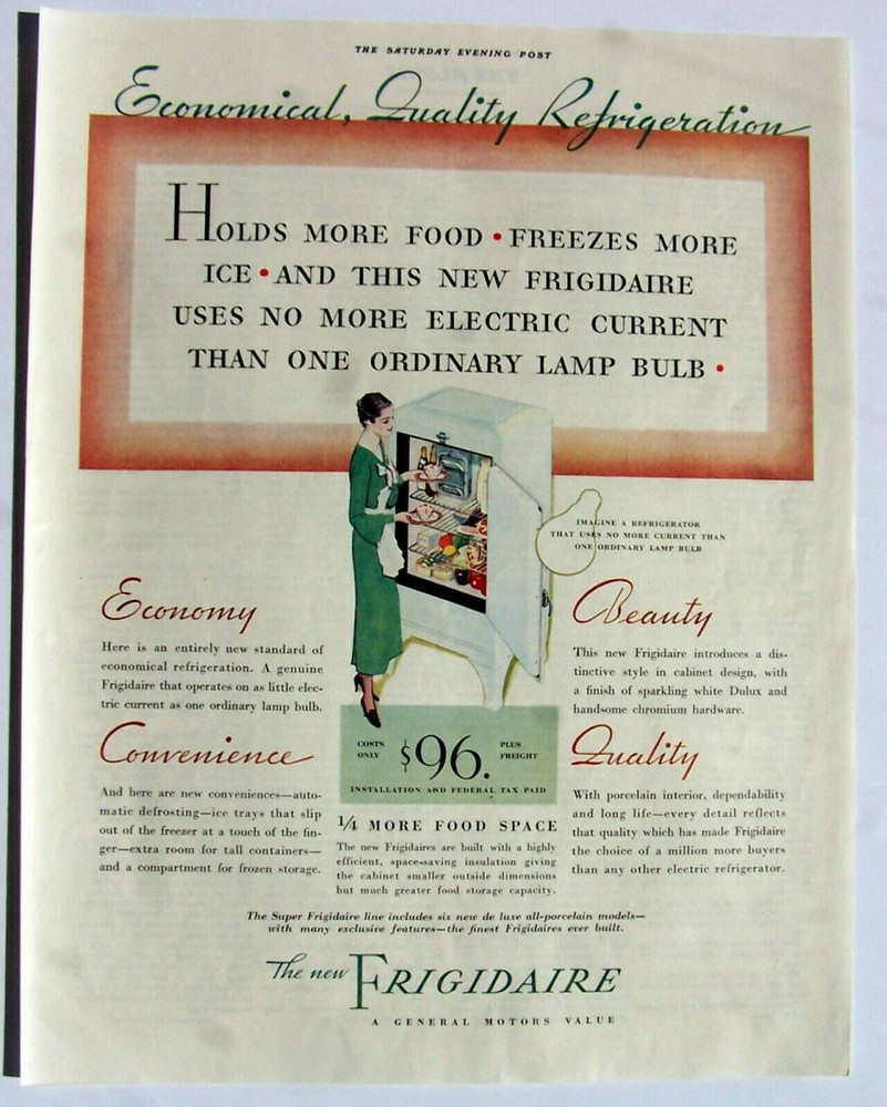 Frigidaire Refrigerator ad $ 96 Cost 1933