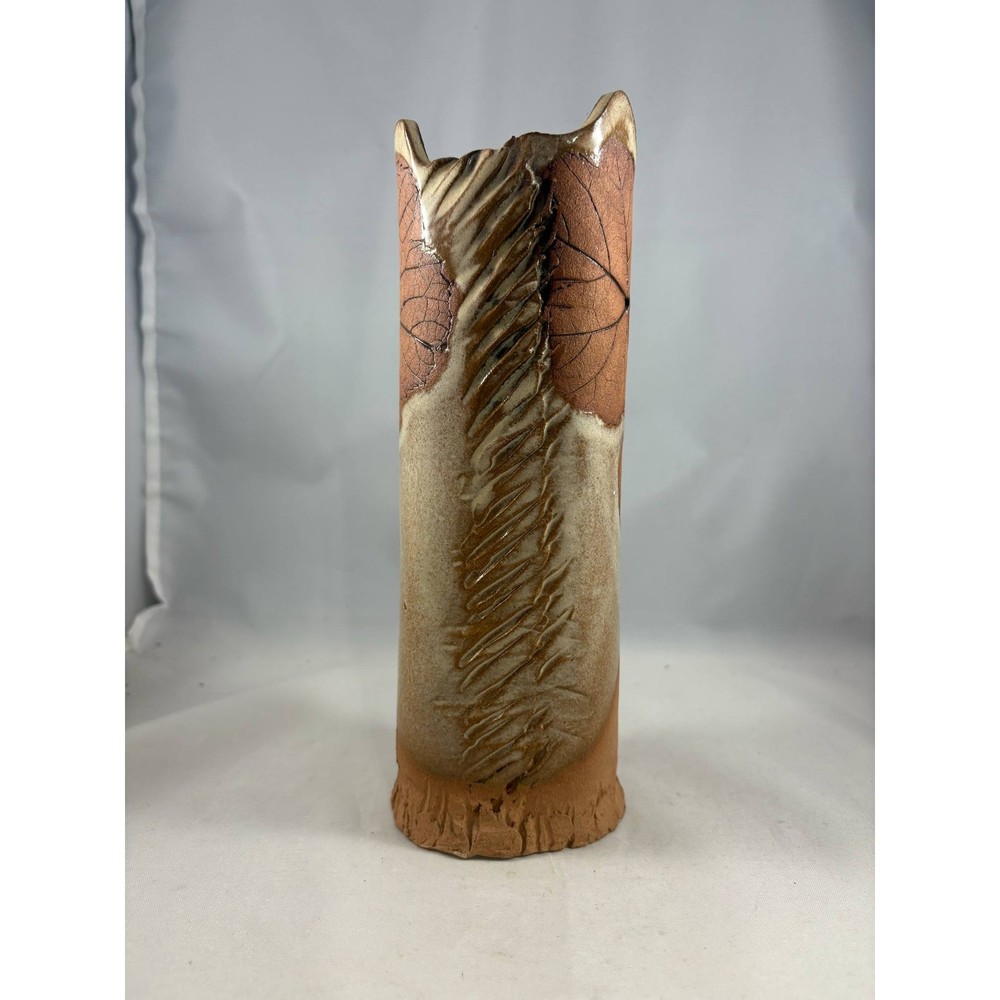 Vtg Handmade Pottery Stoneware/Earthenware Abstract Imprinted Leaf Pattern Vase