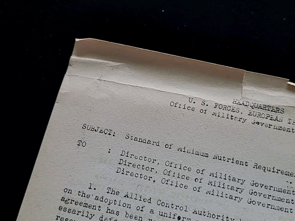 1945 Germany WWII US Army War Military Document Minimum Nutrition Requirements