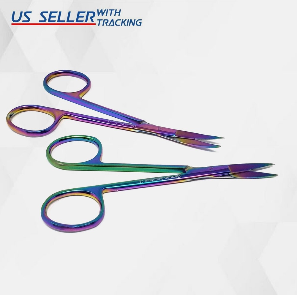 NEW GERMAN IRIS MICRO DISSECTING SCISSORS STRAIGHT 4.5" MULTI RAINBOW TITANIUM