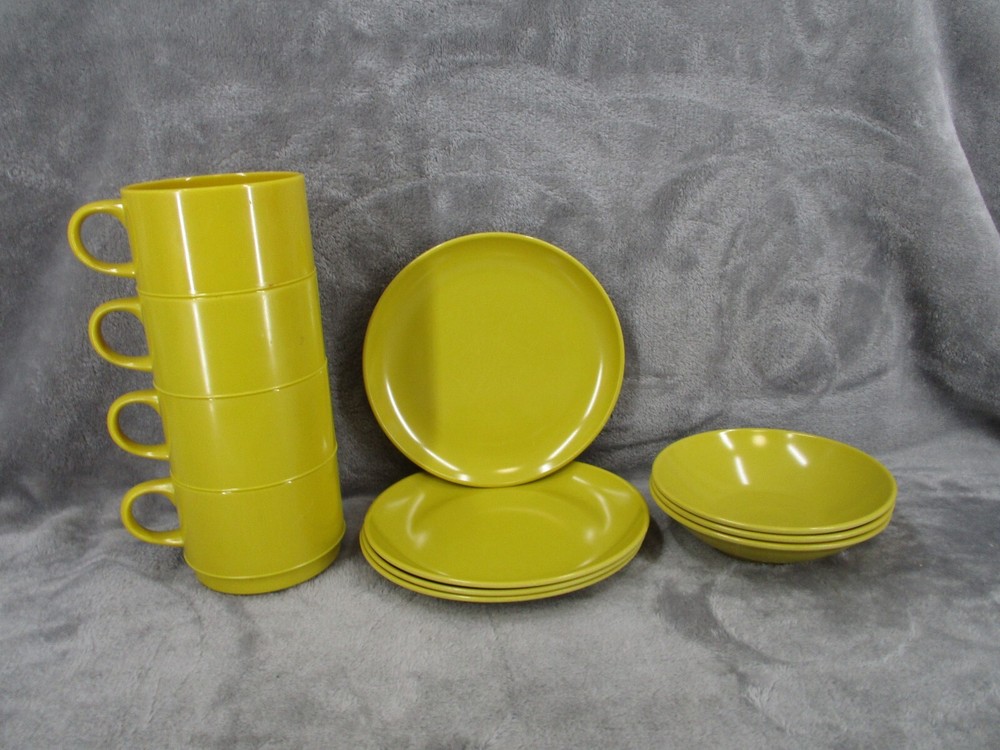 Melmac Coffee Cup Saucer Plate Bowl Set Mustard Melamine Stackable 11 Piece