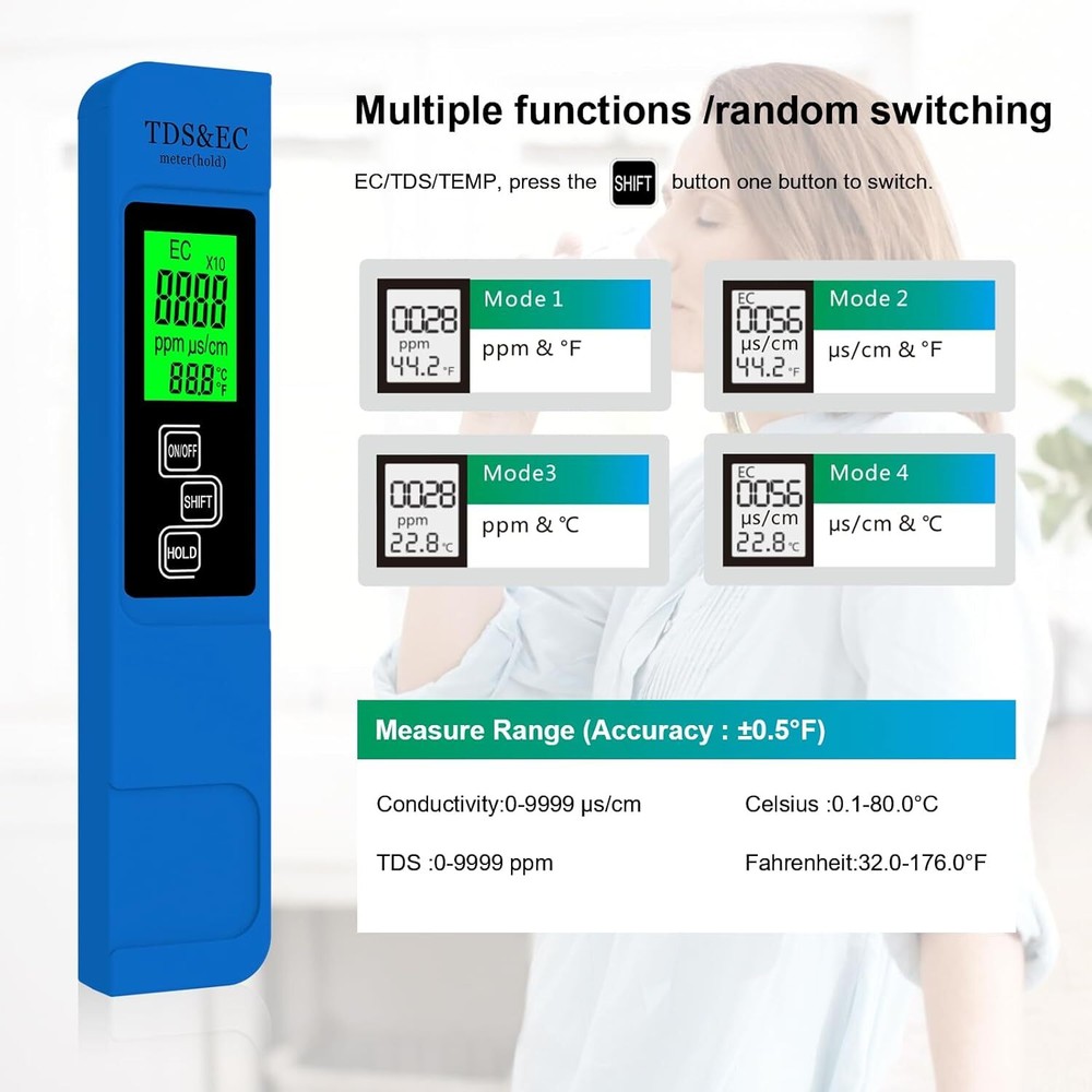 4IN1 TDS Meter Digital Tester Water Quality Testing Kit Drinking Water 0-9990ppm
