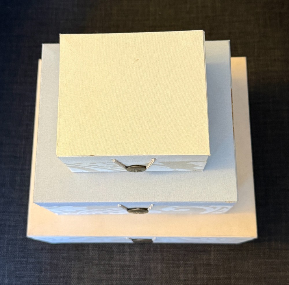 3 Pc Dennis Basso Home Nesting Decorative Storage Boxes Damask Fabric Cream Blue