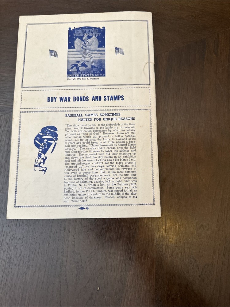 1942 Program Sam Francisco Seals vs Hollywood Stars Scored