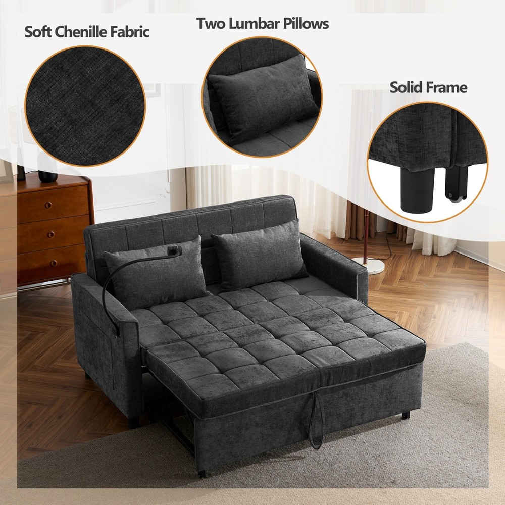 56.9'' Convertible Sleeper Sofa Bed Loveseat Sofa with Pull Out Bed & USB Ports