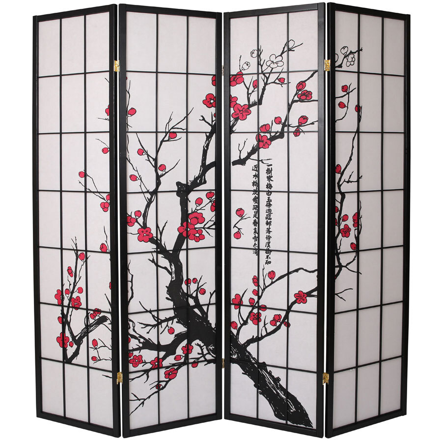 4, 6, 8 Panel Plum Blossom Screen Room Divider White & Black Frame