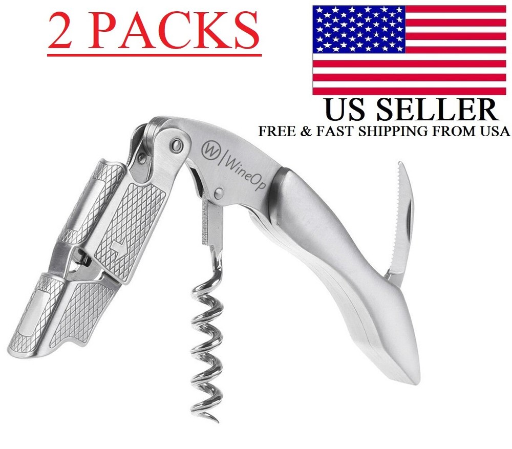 Professional Double Hinged Wine Bottle Opener Corkscrew Key | 2 Silver Handle