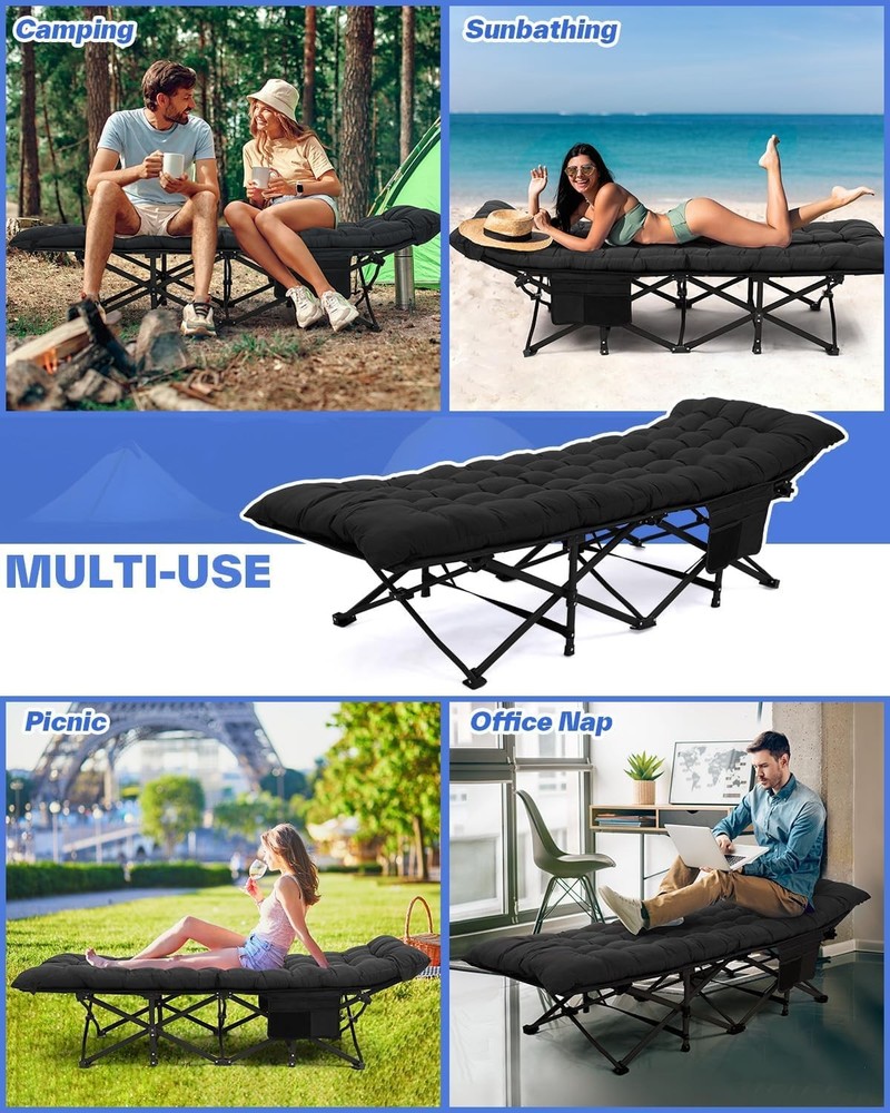 Heavy-Duty Double Layer Camping Cot for Adults with Side Pockets - Outdoor Use