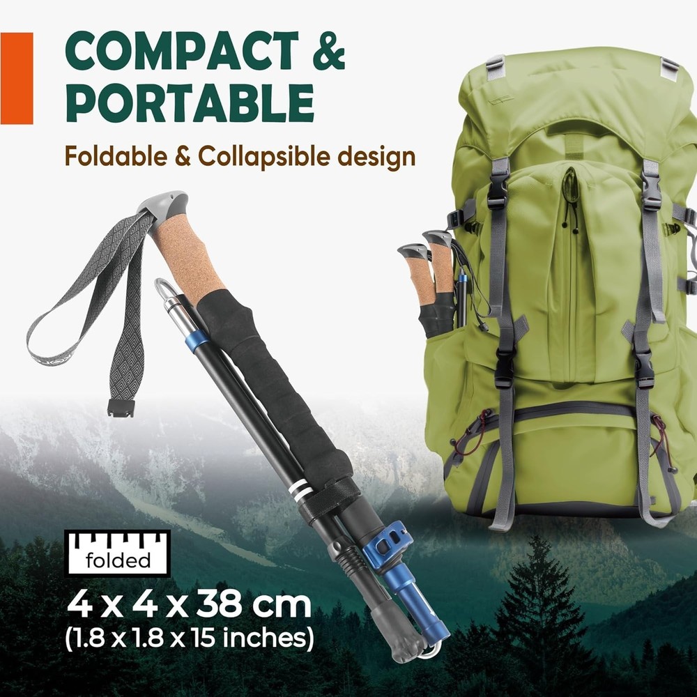 Lightweight Folding Trekking Poles with Cork Grip & Adjustable Height Features