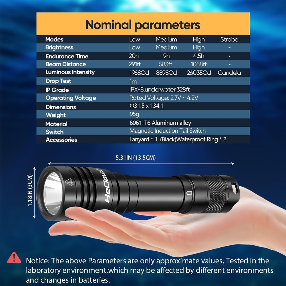 HECLOUD 3000LM Rechargeable Scuba Diving Flashlight Dive Light IPX8