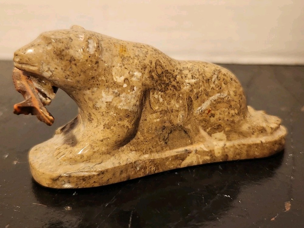 Stone Carved Polar Bear with Fish