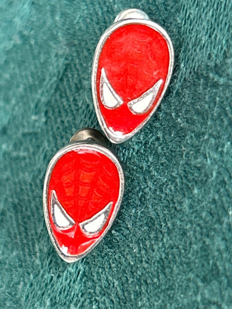 Vintage Marvel Comics Spider Man Red Enamel Face Stud Earrings 1/2”