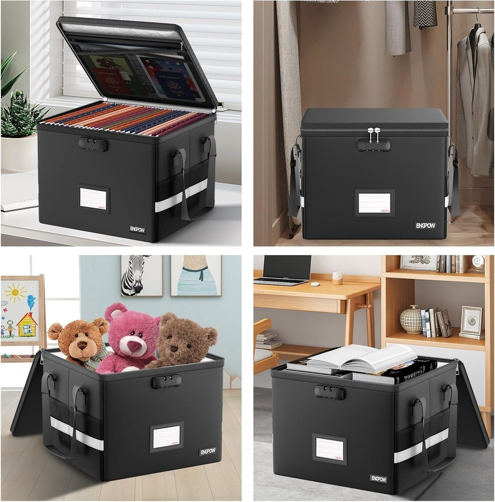 Lockable Fireproof File Box with Mesh Pockets - Protect Documents & Valuables