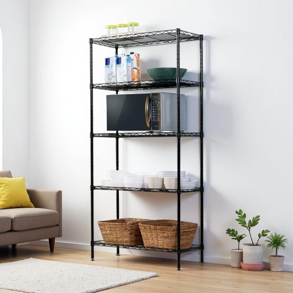 5-Tier Wire Shelving Unit - Adjustable, Black & Modular Kitchen Storage Rack