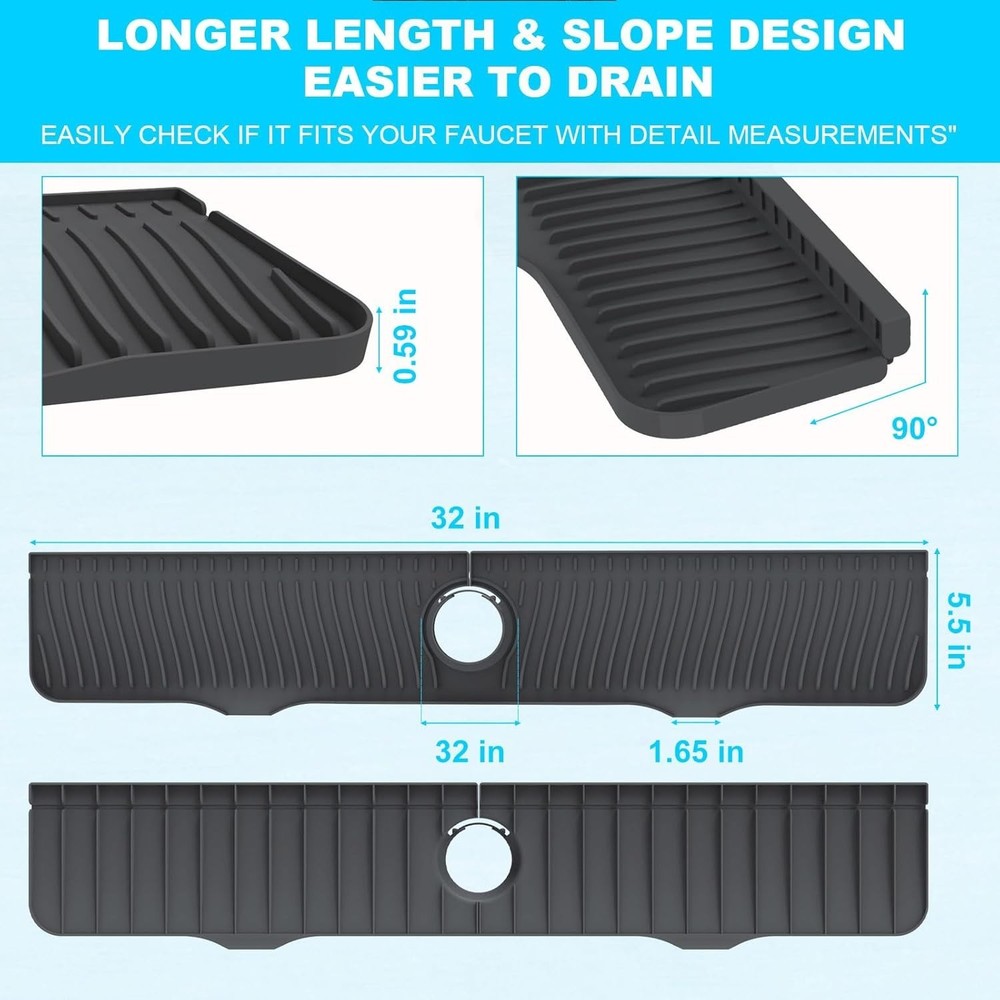 32 x 5.5 Silicone Kitchen Sink Splash Guard - Self-Draining & Adjustable Fit