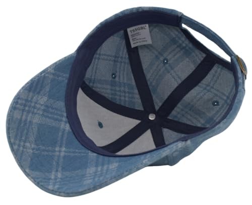 Unstructured Distressed Baseabll Cap Medium-Large Blue（plaid/Soft Structure）