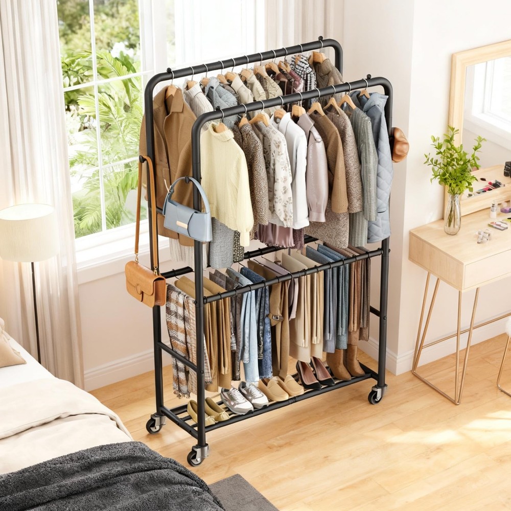 Clothes Racks for Hanging Clothes, Rolling Clothing Rack with Pants Rack, Sid...