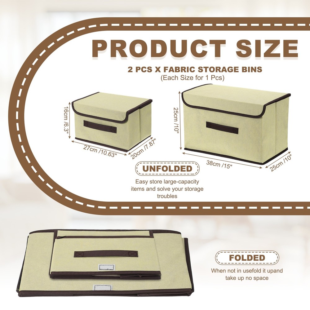 2Pcs Storage Bin with Lid Fabric Storage Box for Keepsake(Beige White, S & L)