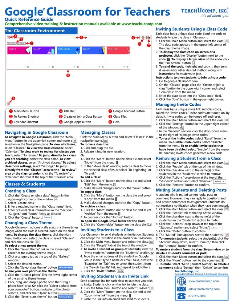 Google Classroom Teachers Training Guide Quick Reference Card 4 Page Cheat Sheet