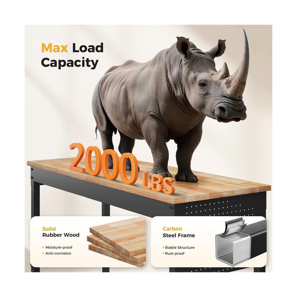 60" Adjustable Heavy Duty Workbench, 2000 LBS Load Capacity Rubber Wood Work ...