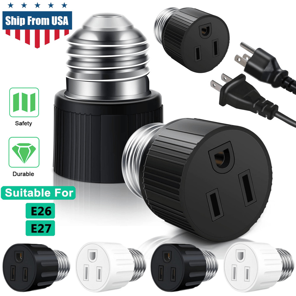 4× E26/E27 Light Socket to Plug Adapter 2/3 Prong Light Bulb Outlet Adapter US