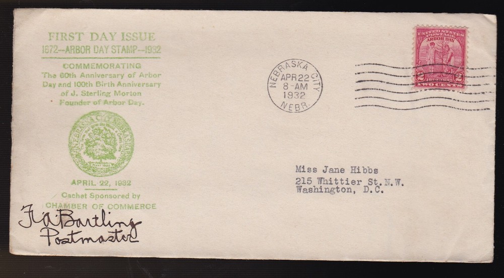 ARBOR DAY #717 US FIRST DAY COVER 1932, COC  CACHET FDC SIGNED BY POSTMASTER