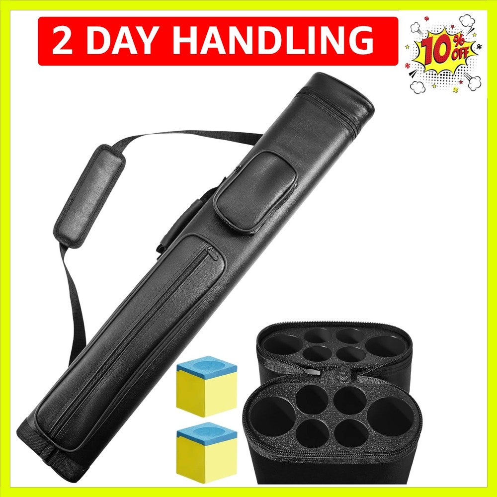 Durable PU Leather Oval Billiard Cue Case with Adjustable Strap & 2 Chalk Cubes