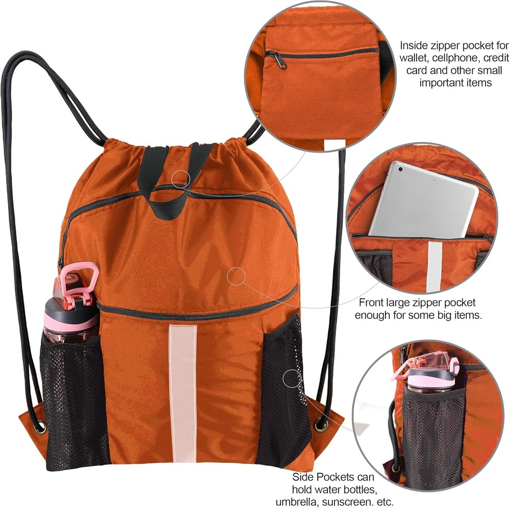 BeeGreen Drawstring Backpack Bag with Shoe Compartment, X-Large Black Orange